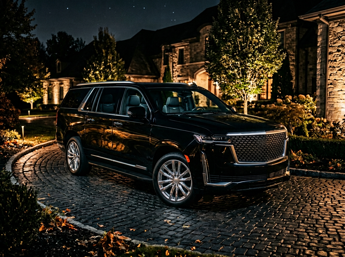 Black-on-black Cadillac Escalade ESV at a Bay Area estate at night