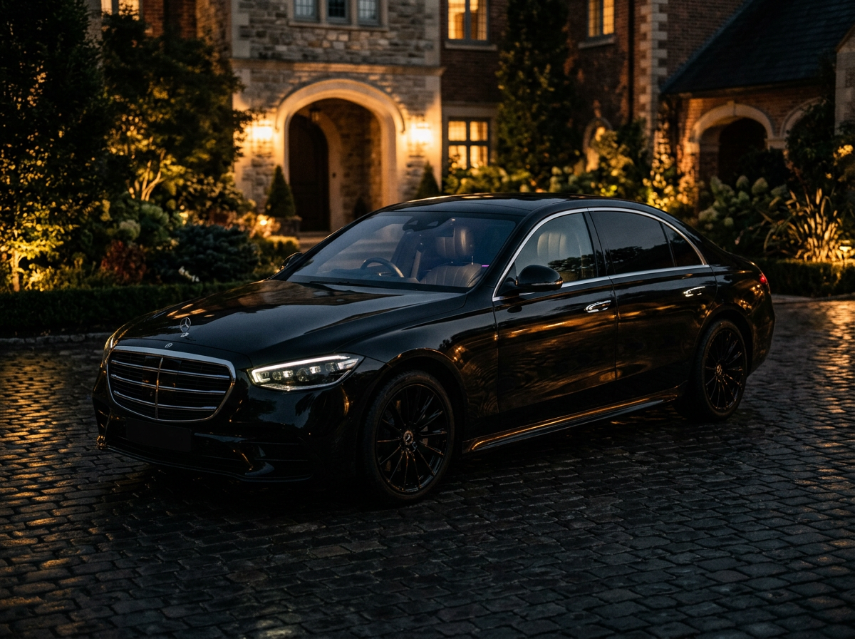 Black-on-black Mercedes-Benz S-Class luxury sedan at a Bay Area estate at night