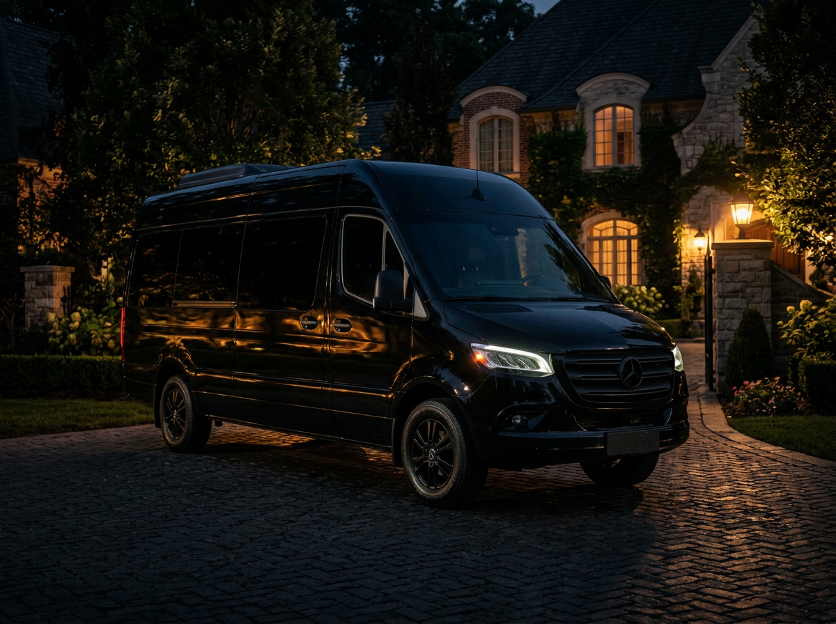 Black-on-black Mercedes Sprinter executive van at a Bay Area estate at night